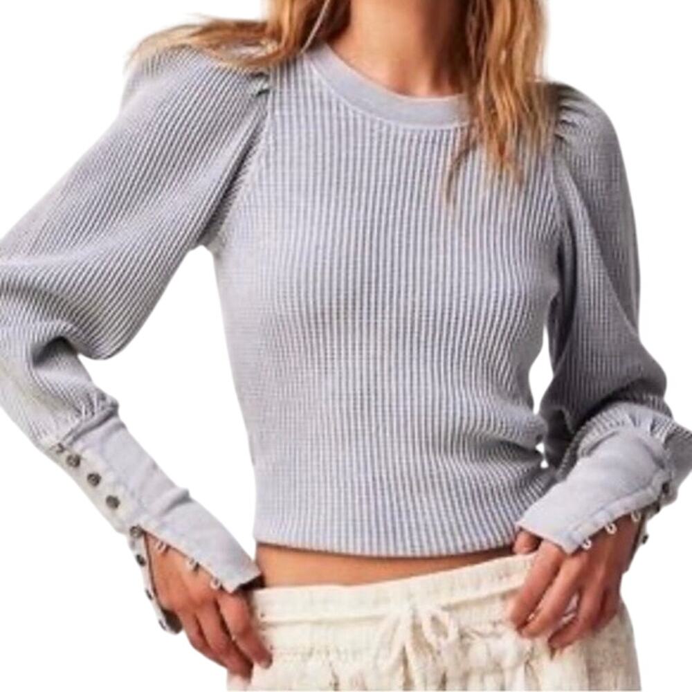 SOLD 💕Free People FP One Blue Moon Wesley Thermal Blouson Sleeve Top Size L - Picture 1 of 15